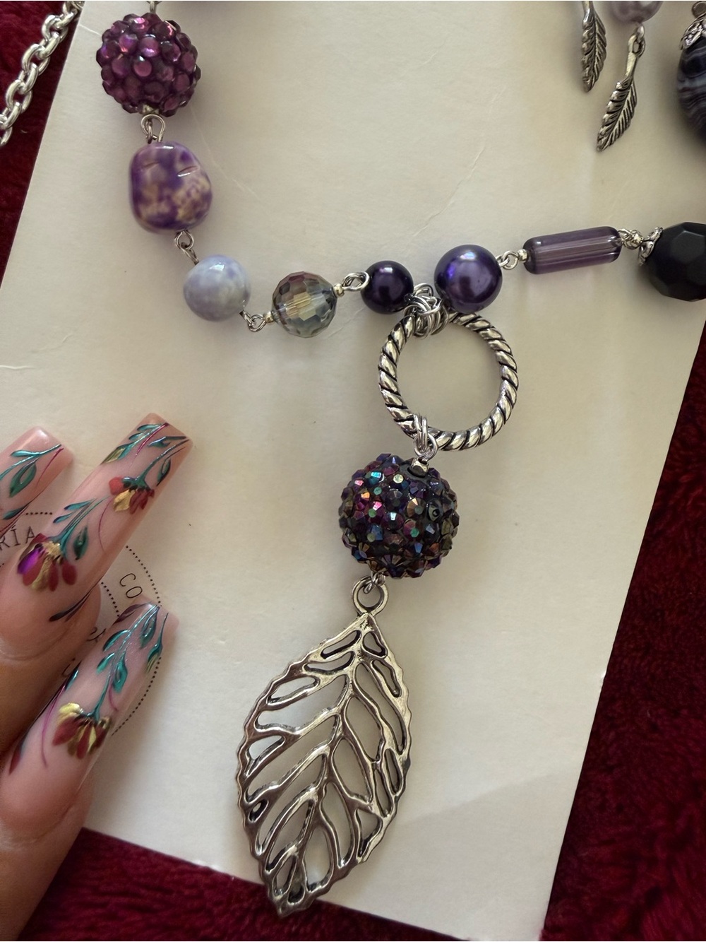 Women's Purple Beaded Leaf Pendant Necklace - Unbranded